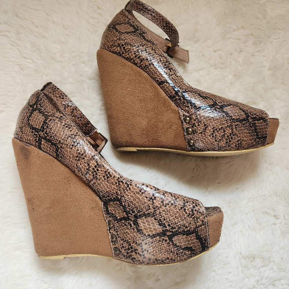 Roberto Vianni Vintage Y2K Snake Print Python Wedge Platform Heels Peep Toe 38 - Picture 5 of 14